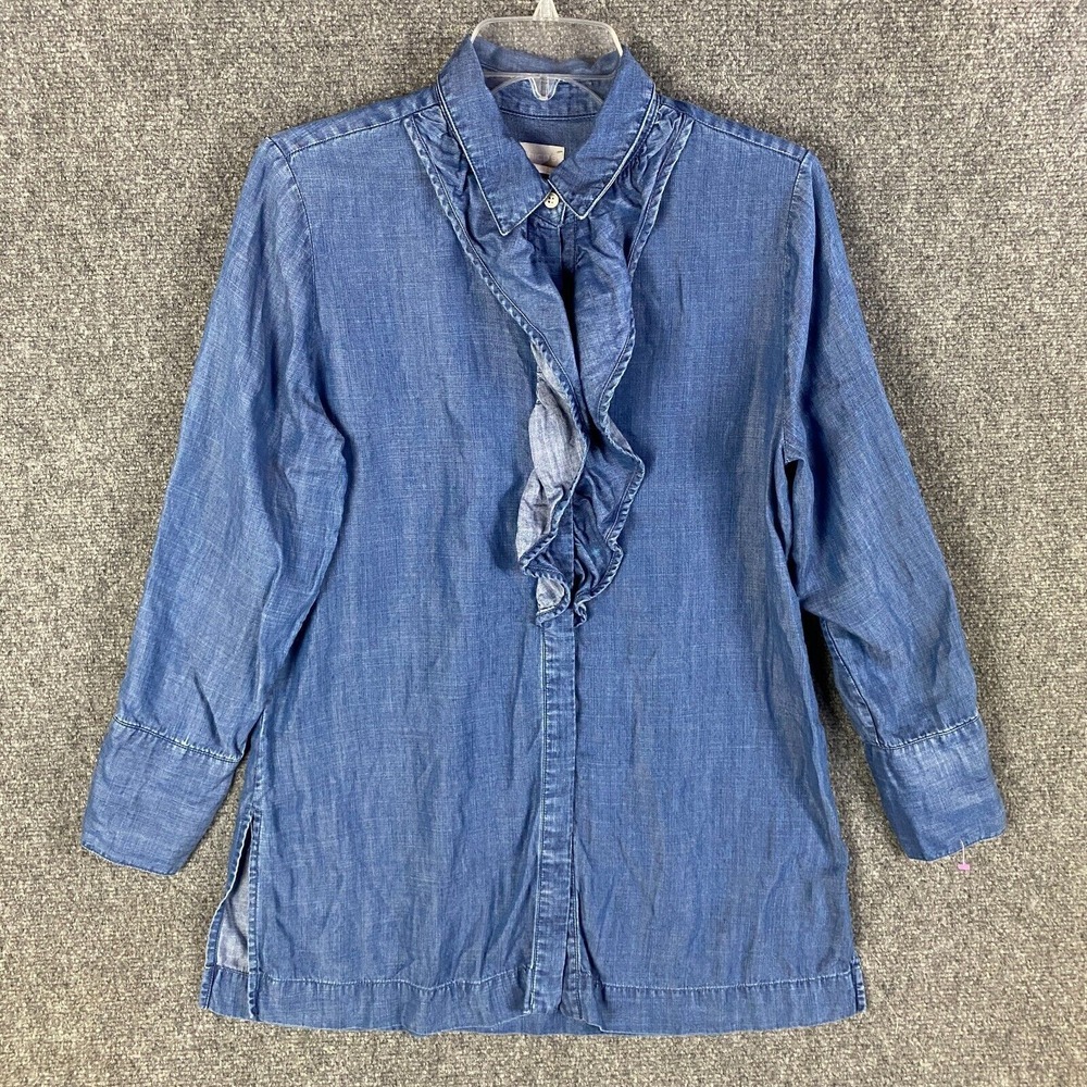 Chico's‎ Button Up Top Women's Size 8/10 Long Sleeve 100% Tencel Lyocell Blue